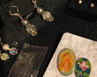 Bookmark "For With God All Things Are Possible" $3, Pair of Religious Tie Tack Pins Guardian Angel/Rose with Mini Cross $4, Pierced Earrings Crystal with Black Faux Pearl $6, Pierced Earrings Crystal with Faux White Pearl $4, Money Clip $10