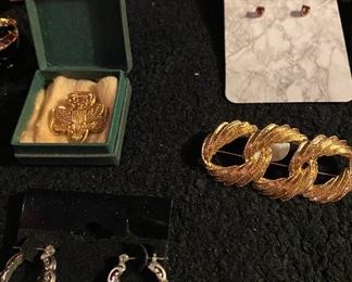 Assortment of Costume Jewelry Various Prices, Vintage Girl Scout Pin in Box $6, Pair of Religious Tie Tack Pins Guardian Angel/Rose with Mini Cross $4, Pierced Earrings $4, Triple Loop Broach $6, Amethyst Pierced Stud Earrings $4, Tie Tac Pins Floral Basket & Bee/Bowevel $8