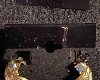 Costume Jewelry Synthetic Ruby with CZ Stones Electroplated Clip On Earrings $40, Costume Jewelry Vintage Aurora Broiales Rhinestone Necklace with Clip On Earrings Set $30