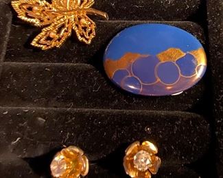 Costume Jewelry CZ Pierced Earrings with Electroplated Gold Guard $30, Maple Leaf with Faux Tiny Pearls Broach $6, Ceramic Broach $6