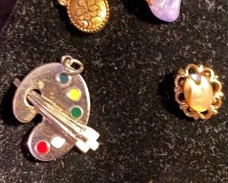 Assorted Costume Jewelry Pendants, Sterling Charm/Pendant Artist Pallet $24, Charm Polished Stone $6, Gold Plated Charm/Pendant $10, Cabochon $6