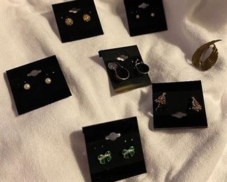 Assorted Costume Jewelry Earrings and Scarf Pin $4, Loop Earrings $2, Studs $4, Christmas Tree Clip Ons $12, Daisies $3