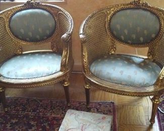 PAIR Antique French Cained Gold gilt chairs with silk upholstery  $800