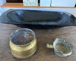 Large Black Wooden Bowl,
Brass Covered Pot,
Brass Primitive Iron,