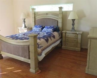 Queen Size Bedroom Suite with Camel Suede/Light Wood Head/Footboard, Matching Night Stands, Dresser with Mirror & Chest of Drawers . No mattress