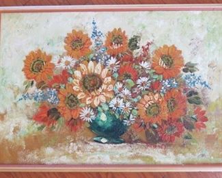 Mid Century Floral Oil Painting Artist Signed Robin