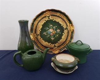 Green Porcelain Lot with Wooden Decorative Plate https://ctbids.com/#!/description/share/367445
