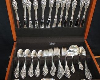 85 pc Wallace Grand Baroque Sterling Silver Flatware Set. Excellent Condition / No Monograms / 2 Tier Storage Box Included $2,450.