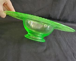 Green Depression Glass Poppies f
***Please note:  California sales tax will be charged on all purchases unless you have a valid California resale certificate on file with us.***
ooted bowl - $30