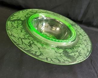 Green Depression Glass Poppies f
***Please note:  California sales tax will be charged on all purchases unless you have a valid California resale certificate on file with us.***
ooted bowl - $30