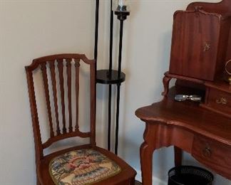 Floor lamp  SOLD;  tole painted  garbage can $30;
Vanity $295
Chair $40