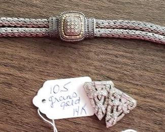 14K gold and sterling with diamonds bracelet $300; 10K gold cameo filigree pendant; 14k gold diamond fur clips