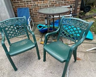 Lot 96 plastic outdoor green chairs pair $25 NOW $12