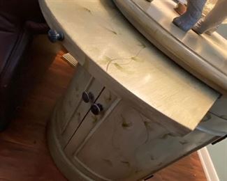 Lot201. Round wooden side table 28” x 26” with shelves and cabinets $225 hand-painted NOW $100