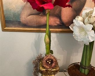 Lot 238 red flower with gold planter 30 inches $20 NOW $10