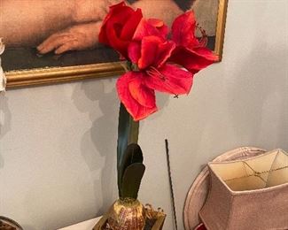 Lot 240 red flower with gold planter 25 inches  $10 NOW $7