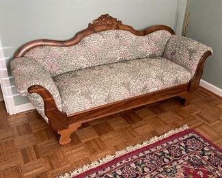 Antique sofa
Walnut frame with peg construction
Reupholstered and used original horse hair for stuffing
$500