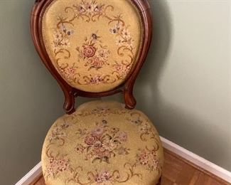 Antique embroidered parlor chair
Beautiful carved walnut detail
Floral needlepoint
Exact replica of a chair in the White House
Believed to be made around 1925
$475