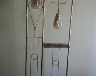 Mid Century Modern Eames Style metal goldtone Wall Room Divider Lamp circa 1960s features pair gold flash glass shades with gold mesh insets. Did not light up when plugged in-please note lamp to be Sold As Is.
