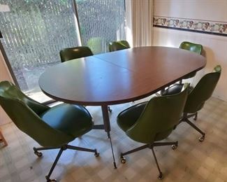 Retro Dining Table and Six Vinyl Swivel Chairs, Olive Green