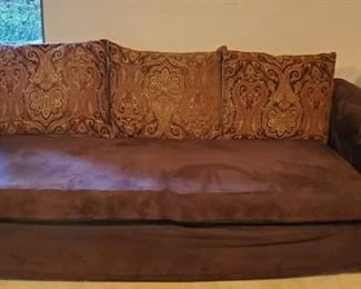 Three Seater Couch with Ultra Suede Slipcover and Tapestry Pillows. Striped Green and White Cotton Original.