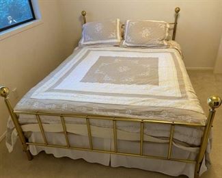 Vintage Brass Queen Size Head and Footboard, Metal Frame, Queen Size Mattress and Box Spring, Bed Set Included