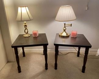Two Small Matching Wood Bedside Tables w/ Two Lamps and Candles