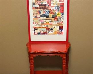Cute Vintage Red End Table and Modern Unique Collage-Like Framed Print
