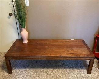 Long Wood Coffee Table with Faux Bamboo and Greenery In Vase