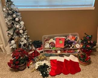 Christmas Decorations: Faux Tree & Flowers, Ornaments, Stockings, Bells, NIB Lights, Gift Bags, Bows, & Tissue Paper