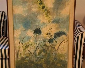 Large Vintage Painting, Abstract Flower Oil on Canvas