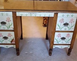 Charming Vintage Wood Desk with Brass Fittings and Hand Painted Drawers