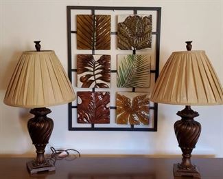 Tropical Leaves Wall Hanging and Two Table Lamps with Silk Shades