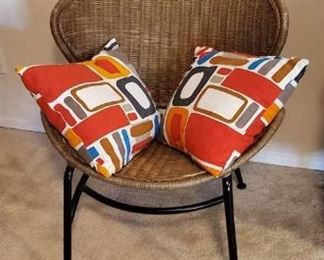 Wicker Side Chair with Two Ikea Mid Century Print Pillows