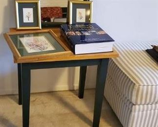 Wood Side Table, Art Prints, Mirror and Encyclopedia