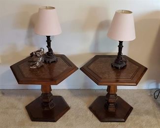Two Polygon Wood Side Tables with Faux Tops and Pair of Table Lamps
