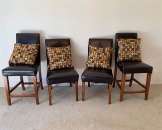 Set of Four Matching Vinyl Chairs, Two Bar Height and Two Table Height with Decorative Throw Pillows