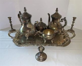 Silver Plate Serving Tray and Serving Pieces, Pair of Reed & Barton Sterling Candle Holders