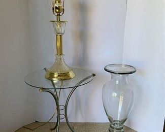 Glass and Metal Based Side Table with Elegant Table Lamp and Tall Beautiful Glass Candle Holder
