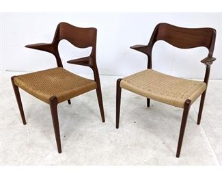 Lot 89 Pair JL Moller Arm Chairs with Woven Seats.