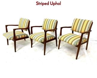 Lot 186 Set 3 American Modern walnut Arm Chairs. Striped Uphol