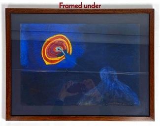 Lot 203 Signed Pastel Painting of Blue Night Sky. Framed under