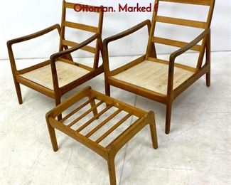 Lot 216 Pair OLE WANSCHER Lounge Chairs and 1 Ottoman. Marked f
