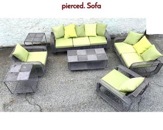 Lot 304 7pc Modernist Iron Patio Set. Curved and pierced. Sofa