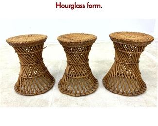 Lot 495 Set 3 Wicker Rattan Corseted Stools. Hourglass form.