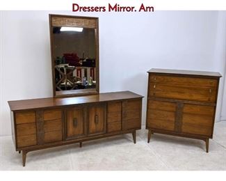 Lot 561 2pc Bassett Mayan Walnut High Low Dressers Mirror. Am