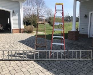 Lot of 3 ladders: 1-8ft aluminum, 1-wooden 6ft, 1-24’ aluminum extension ladder