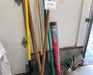 Lot of garden tools: rakes, shovels, push broom, small garden tools, roll of premium weed barrier