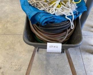 True temper Wheel barrow, hoses, hose attachments, sprinklers, tarps, rope