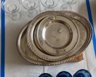lot of margarita glasses, Silverplate holloware, blue glasses.  